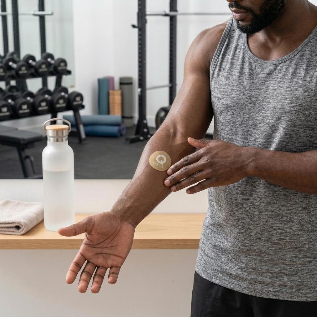 Man in a grey tank top touching his forearm in a home gym