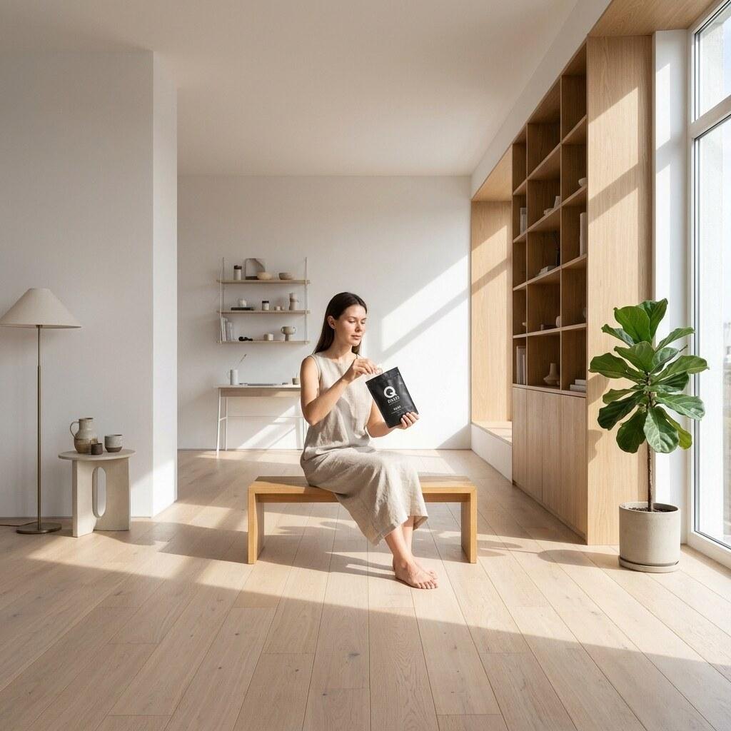 Woman on a wooden bench in a bright room opening a QPatch pouch