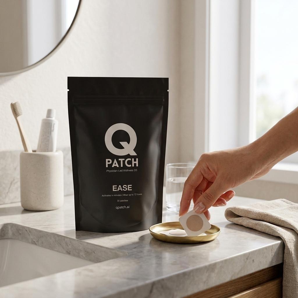 Hand placing a patch on a brass dish beside a QPatch pouch on a bathroom counter
